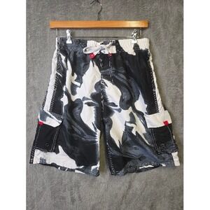 Surf Mentality Mens Lg Swim Trunks Black White Abstract Drawstring Cargo Pockets